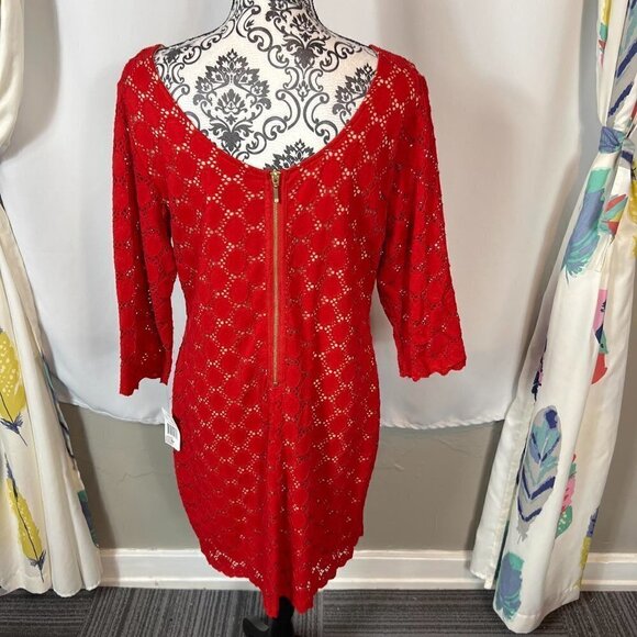 RN Studio by Ronni Nicole Red Lace Dress Size 16P | Nude Lined Sheath | Scallope - Picture 9 of 12